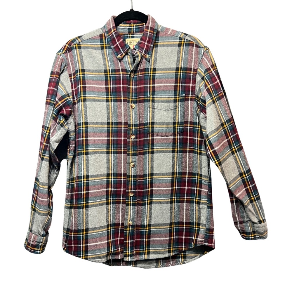 Red Head Men's Plaid Flannel Shirt Size Medium Button Up Long Sleeve Cotton Gray